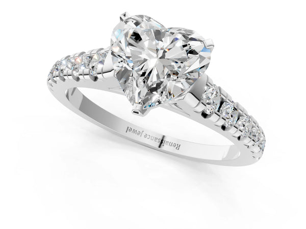 Platinum 5 Carat Heart Cut Diamond Cathedral Solitaire Ring with Round  Pavé Band