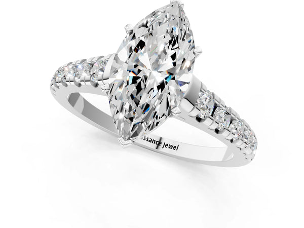 Platinum 5 Carat Marquise Cut Diamond Cathedral Solitaire Ring with Round  Pavé Band