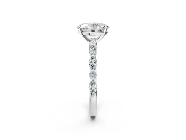 5 Carat Oval Cut Platinum Diamond Ring with Marquise and Round Side Stones and Four-Prong Setting