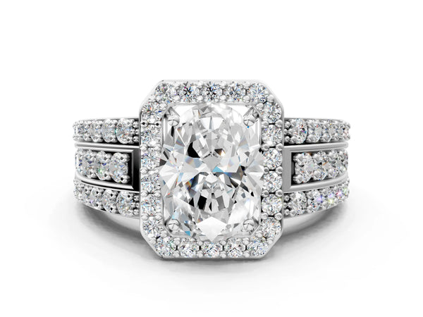 5 Carat Oval Cut Platinum Halo Diamond Ring with Round  Split Shank and Prong Setting