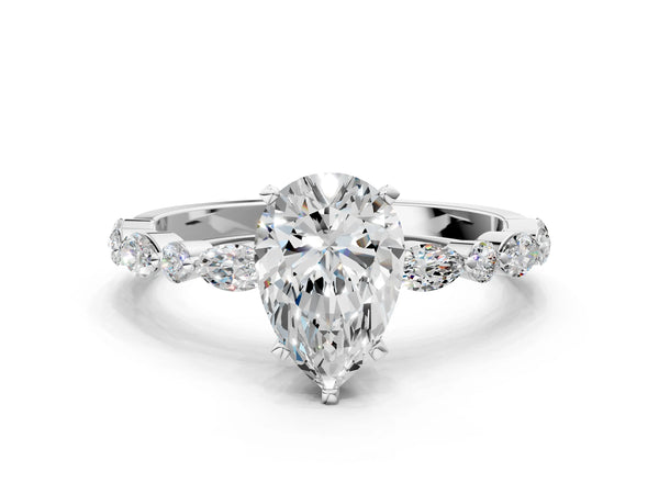 5 Carat Pear Cut Platinum Diamond Ring with Marquise and Round Side Stones and Four-Prong Setting