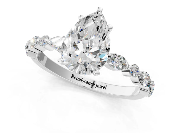 5 Carat Pear Cut Platinum Diamond Ring with Marquise and Round Side Stones and Four-Prong Setting