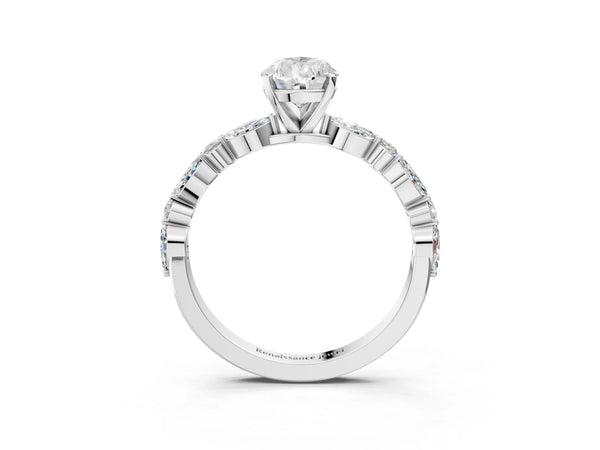 5 Carat Pear Cut Platinum Diamond Ring with Marquise and Round Side Stones and Four-Prong Setting