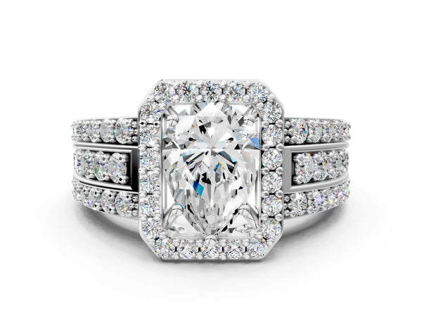 5 Carat Pear Cut Platinum Halo Diamond Ring with Round  Split Shank and Prong Setting