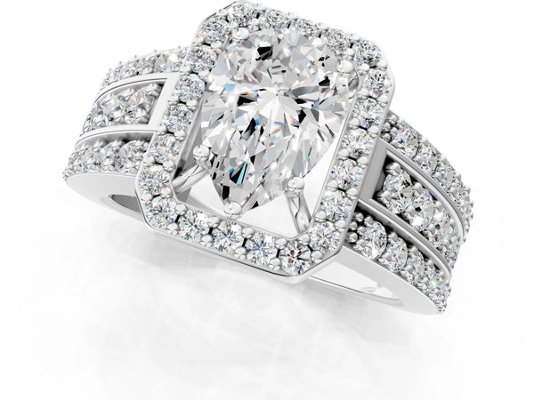 5 Carat Pear Cut Platinum Halo Diamond Ring with Round  Split Shank and Prong Setting
