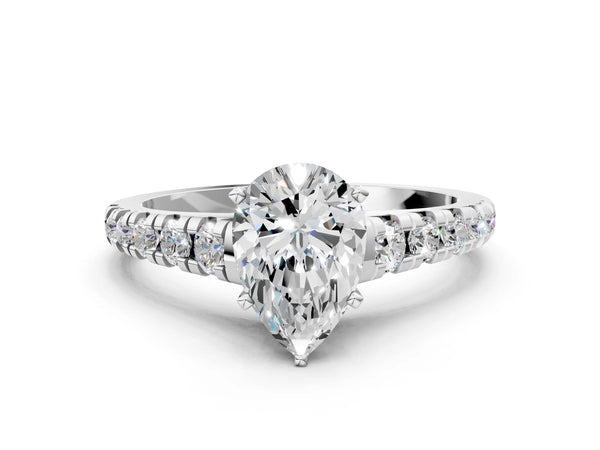 Platinum 5 Carat Pear Cut Diamond Cathedral Solitaire Ring with Round  Pavé Band