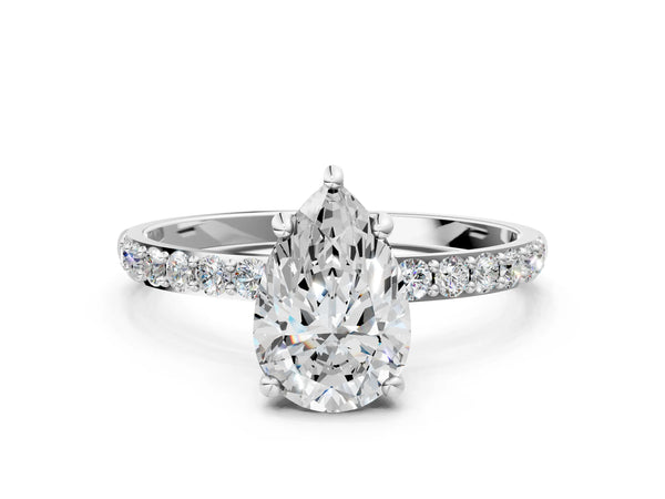 5 Carat Pear Cut Platinum Diamond Solitaire Ring with Round  Pavé Band and Prong Setting