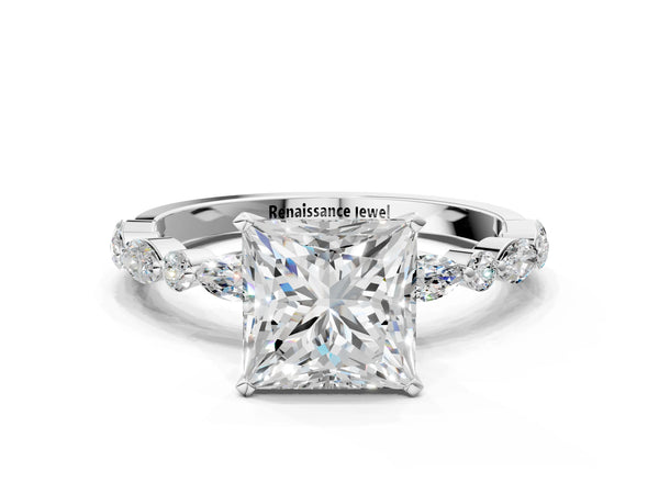 5 Carat Princess Cut Platinum Diamond Ring with Marquise and Round Side Stones and Four-Prong Setting