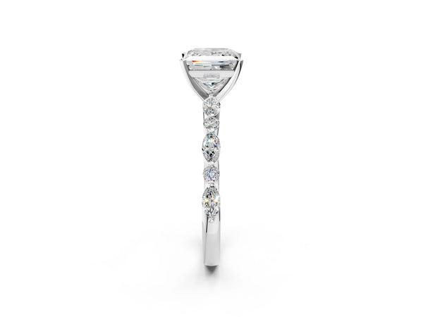 5 Carat Princess Cut Platinum Diamond Ring with Marquise and Round Side Stones and Four-Prong Setting