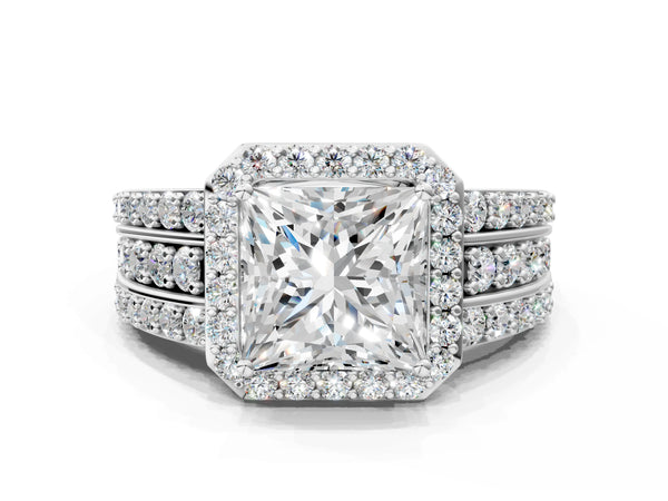 Platinum 5 Carat Princess Cut Halo Diamond Ring with Round  Split Shank and Prong Setting