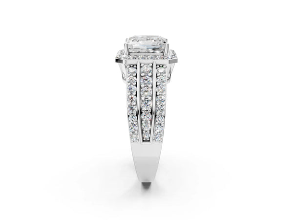 Platinum 5 Carat Princess Cut Halo Diamond Ring with Round  Split Shank and Prong Setting