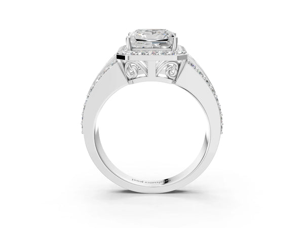Platinum 5 Carat Princess Cut Halo Diamond Ring with Round  Split Shank and Prong Setting