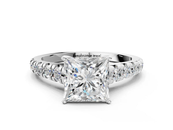 Platinum 5 Carat Princess Cut Diamond Cathedral Solitaire Ring with Round  Pavé Band