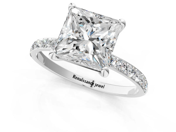 5 Carat Princess Cut Platinum Diamond Solitaire Ring with Round  Pavé Band and Prong Setting