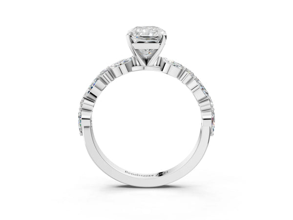 5 Carat Radiant Cut Platinum Diamond Ring with Marquise and Round Side Stones and Four-Prong Setting