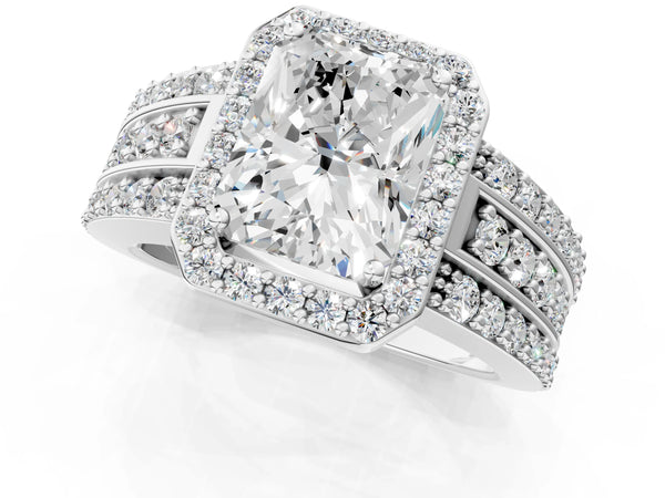 Platinum 5 Carat Radiant Cut Halo Diamond Ring with Round  Split Shank and Prong Setting