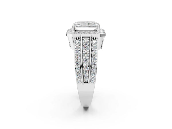 Platinum 5 Carat Radiant Cut Halo Diamond Ring with Round  Split Shank and Prong Setting