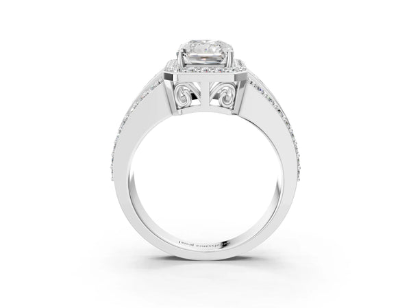 Platinum 5 Carat Radiant Cut Halo Diamond Ring with Round  Split Shank and Prong Setting