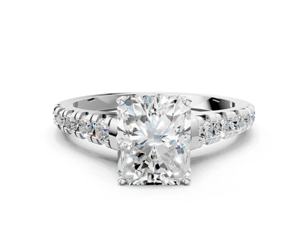 Platinum 5 Carat Radiant Cut Diamond Cathedral Solitaire Ring with Round  Pavé Band