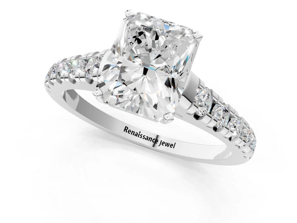 Platinum 5 Carat Radiant Cut Diamond Cathedral Solitaire Ring with Round  Pavé Band