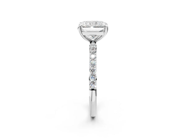 5 Carat Radiant Cut Platinum Diamond Solitaire Ring with Round  Pavé Band and Prong Setting