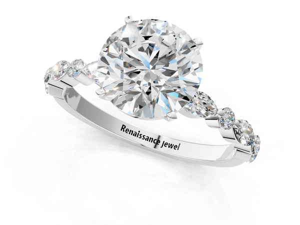 5 Carat Round Cut Platinum Diamond Ring with Marquise and Round Side Stones and Four-Prong Setting