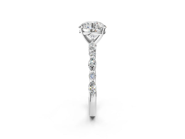 5 Carat Round Cut Platinum Diamond Ring with Marquise and Round Side Stones and Four-Prong Setting