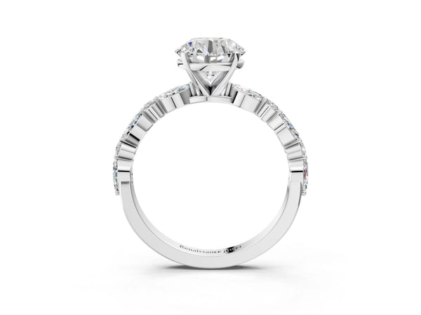 5 Carat Round Cut Platinum Diamond Ring with Marquise and Round Side Stones and Four-Prong Setting