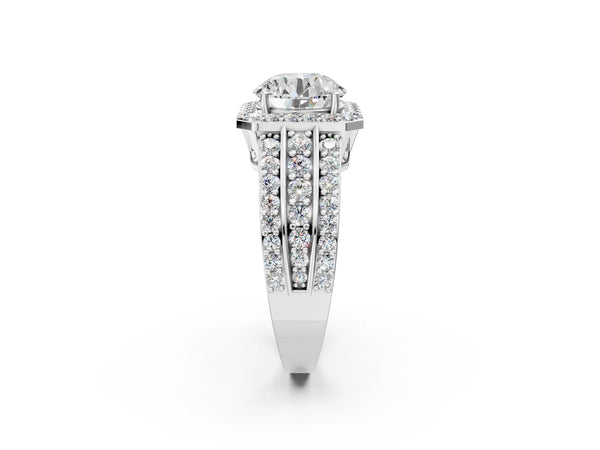 Platinum 5 Carat Round Cut Halo Diamond Ring with Round  Split Shank and Prong Setting