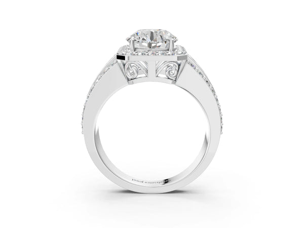 Platinum 5 Carat Round Cut Halo Diamond Ring with Round  Split Shank and Prong Setting