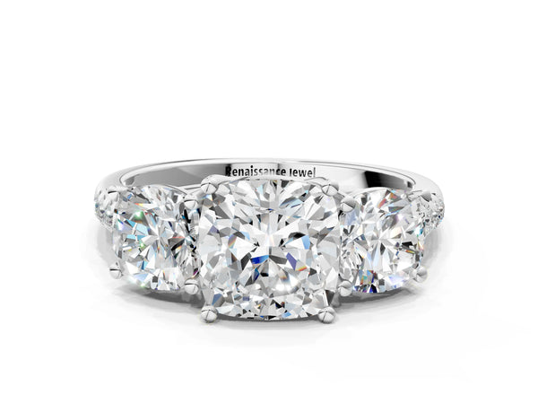 Platinum 5 Carat Three-Stone Cushion Cut Diamond Ring with Round  Pavé Band and Prong Setting