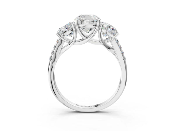 Platinum 5 Carat Three-Stone Cushion Cut Diamond Ring with Round  Pavé Band and Prong Setting