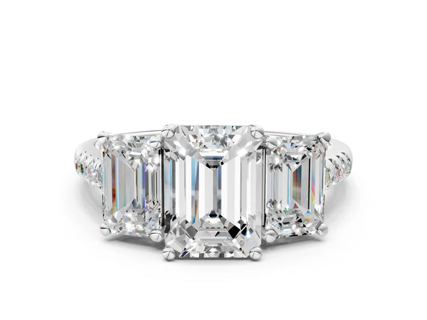 Platinum 5 Carat Three-Stone Emerald Cut Diamond Ring with Round  Pavé Band and Prong Setting