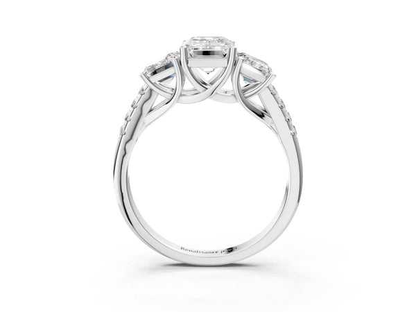 Platinum 5 Carat Three-Stone Emerald Cut Diamond Ring with Round  Pavé Band and Prong Setting