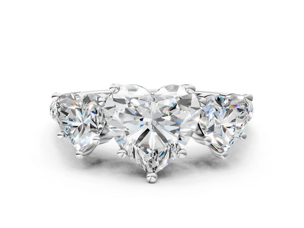Platinum 5 Carat Three-Stone Heart Cut Diamond Ring with Round  Pavé Band and Prong Setting