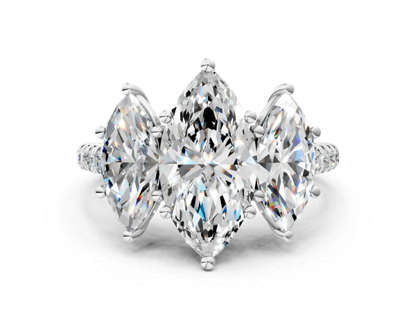 Platinum 5 Carat Three-Stone Marquise Cut Diamond Ring with Round  Pavé Band and Prong Setting