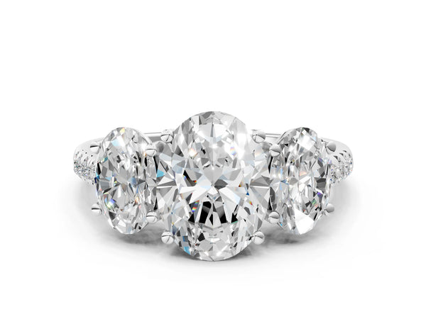 Platinum 5 Carat Three-Stone Oval Cut Diamond Ring with Round  Pavé Band and Prong Setting