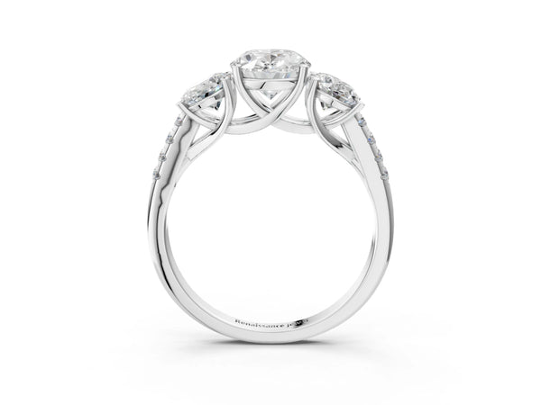 Platinum 5 Carat Three-Stone Oval Cut Diamond Ring with Round  Pavé Band and Prong Setting