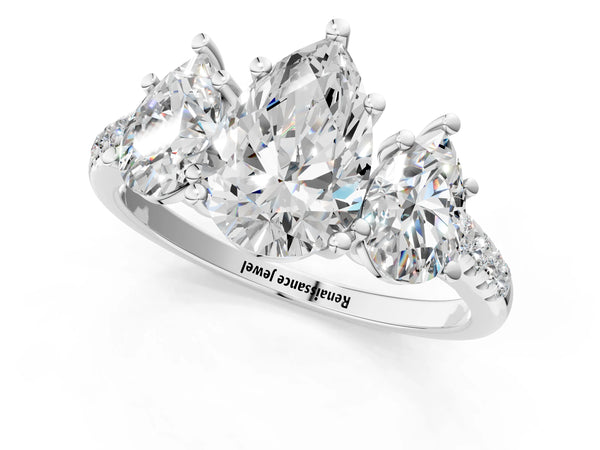 Platinum 5 Carat Three-Stone Pear Cut Diamond Ring with Round  Pavé Band and Prong Setting