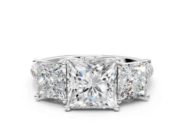 Platinum 5 Carat Three-Stone Princess Cut Diamond Ring with Round  Pavé Band and Prong Setting