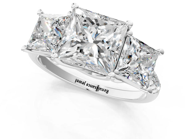 Platinum 5 Carat Three-Stone Princess Cut Diamond Ring with Round  Pavé Band and Prong Setting