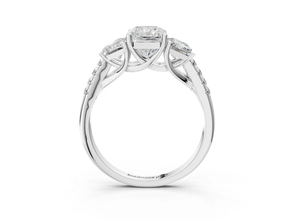 Platinum 5 Carat Three-Stone Radiant Cut Diamond Ring with Round  Pavé Band and Prong Setting