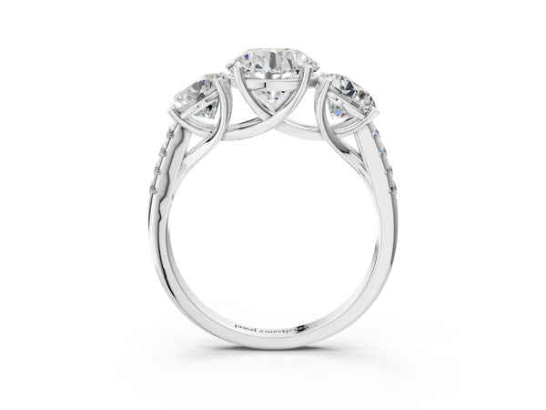 Platinum 5 Carat Three-Stone Round Cut Diamond Ring with Round  Pavé Band and Prong Setting