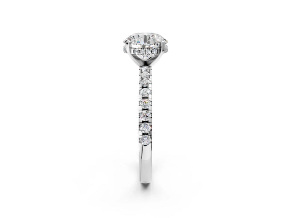 6 Carat Round Cut Platinum Diamond Solitaire Ring with Round  Pavé Band and Four-Prong Setting