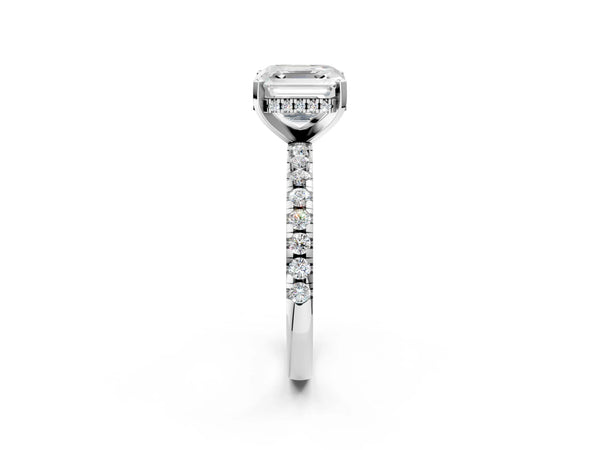 7 Carat Asscher Cut Platinum Diamond Solitaire Ring with Round  Pavé Band and Four-Prong Setting