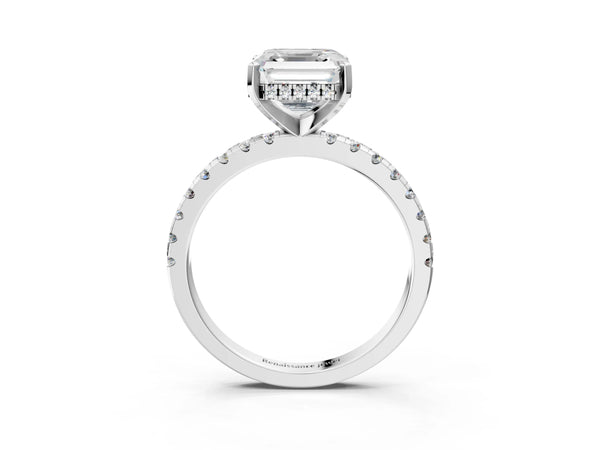 7 Carat Asscher Cut Platinum Diamond Solitaire Ring with Round  Pavé Band and Four-Prong Setting