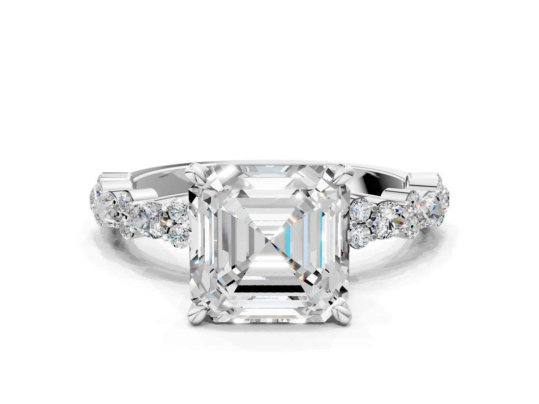 Platinum 7 Carat Asscher Cut  Solitaire with Side Stones, Pave Band, Four-Prong Setting_48