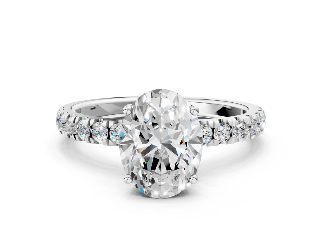 Platinum 7 Carat Oval Cut  Pave Band Solitaire Ring with Four-Prong Setting