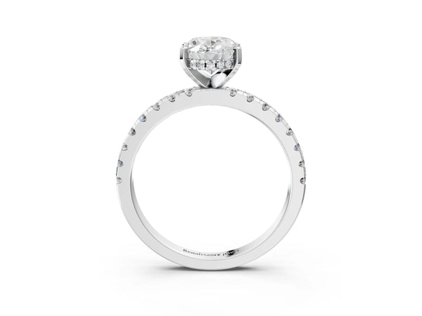 7 Carat Oval Cut Platinum Diamond Solitaire Ring with Round  Pavé Band and Four-Prong Setting