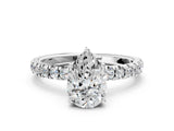 Platinum 7 Carat Pear Cut  Pave Band Solitaire Ring with Four-Prong Setting